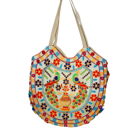 Handmade Jaipuri Embroidered Cotton Handbag – Multicolor Ethnic Tote with Peacock Design